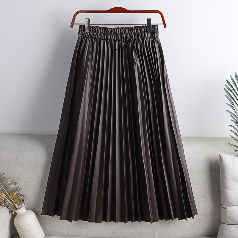 Elegant Umbrella Midi Skirt Faux PU Leather Pleated Skirts