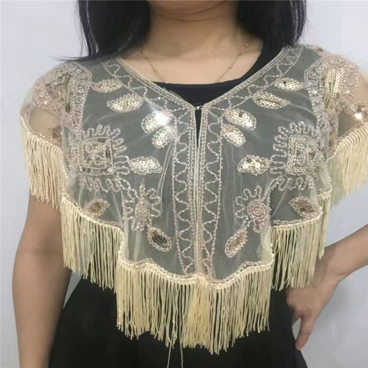 Women 1920s Sequined Shawl with Tassels Beaded Pearl Fringe Sheer Mesh Wraps