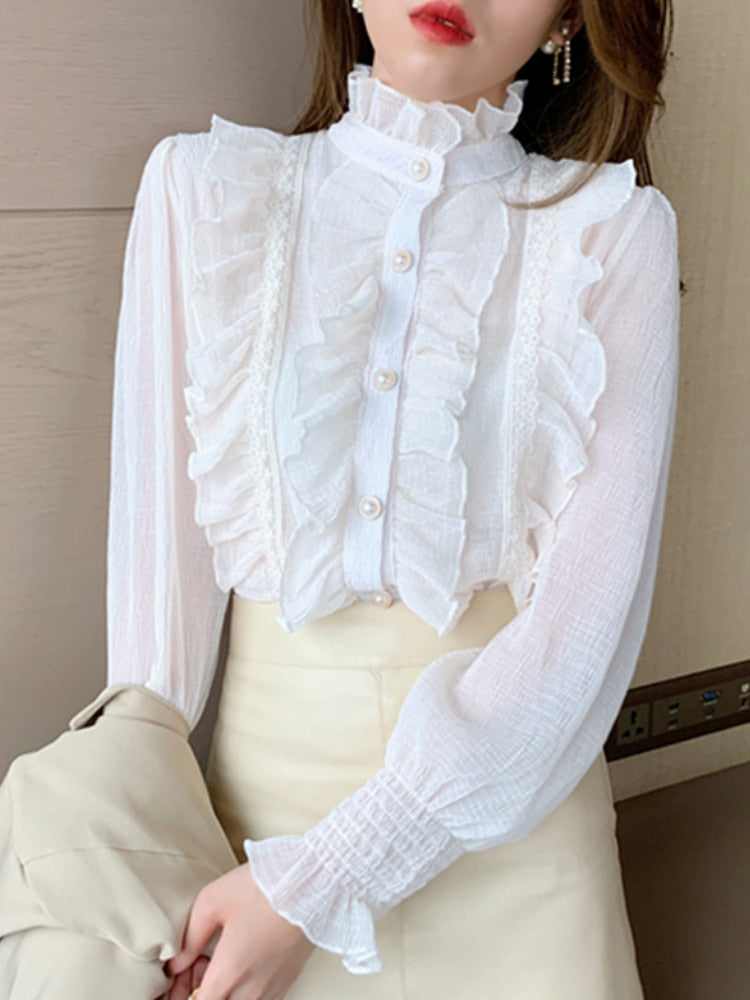 Woman Chic Long Sleeve Stand Collar Casual Loose White Tops Lace Ruffles