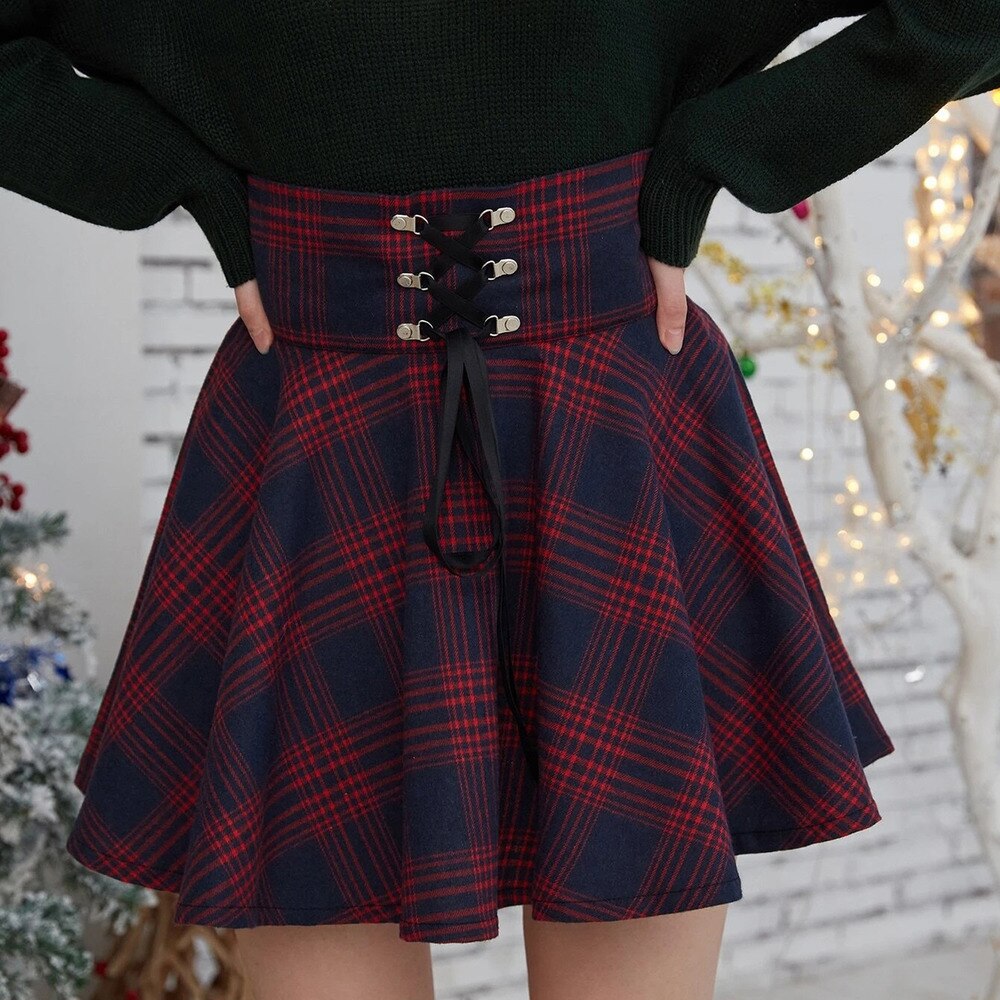 Vintage Pleated Skirt Mini Skirts Retro Grunge Ladies Plaid Lace Up Skirt E Girl Punk Skater