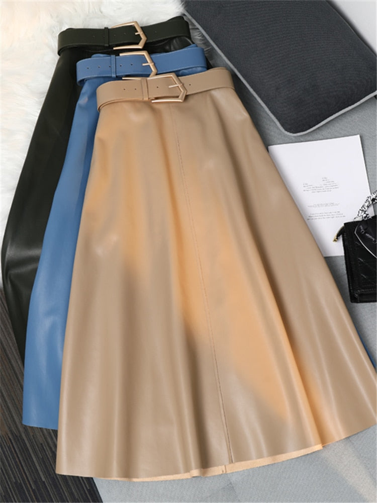 Faux PU Leather Women Long Skirts with Belted High Waist Umbrella Skirt