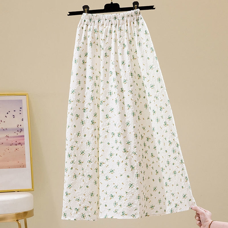 Relief Sculpture Floral Mid-length Elastic Waist Printing A-line Skirts