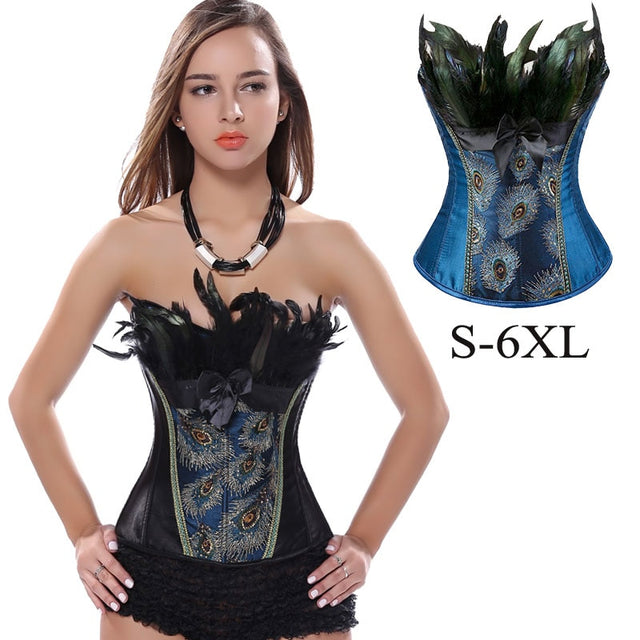 Peacock Feather Corset Lingerie Top Embroidery Overbust Shapewear