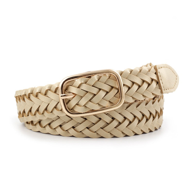Women PU Leather Braided Belt Golden Square Pin Buckle Belt New Fashion Causal Jeans Dress Waistband 2.3cm Thin Belt