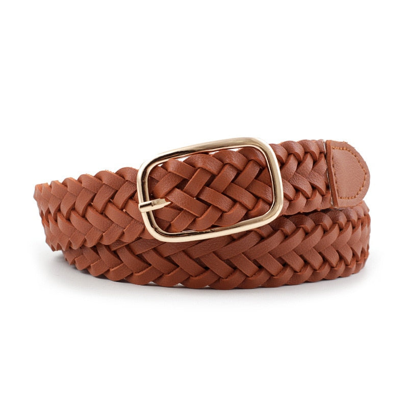 Women PU Leather Braided Belt Golden Square Pin Buckle Belt New Fashion Causal Jeans Dress Waistband 2.3cm Thin Belt
