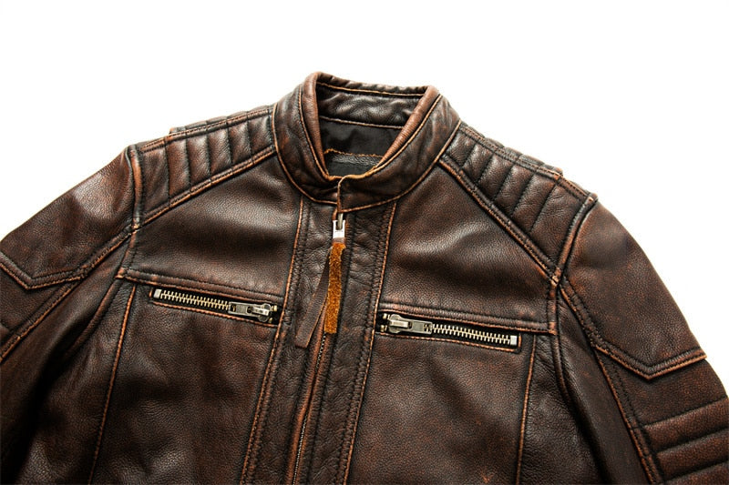 Fashion Motorcycle Jacket Cowhide Genuine Leather Casual Vintage Jackets