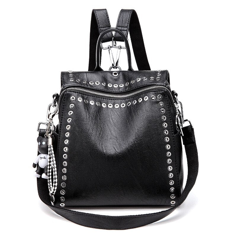 Punk Style Black Fashion Backpack Soft PU Leather Rivet Backpacks Women