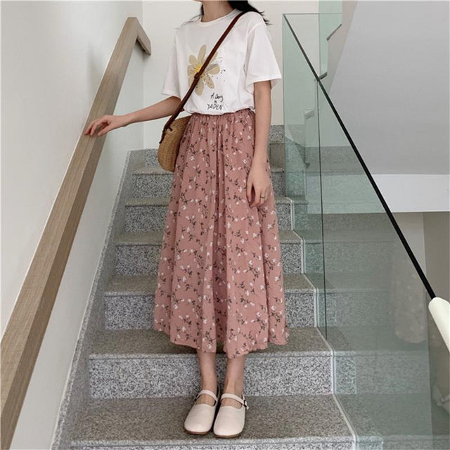 Floral Print A-line Pleated Skirts Summer Women Drawstring Elastic Waist Skirt