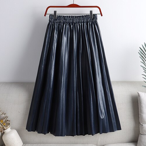 Elegant Umbrella Midi Skirt Faux PU Leather Pleated Skirts