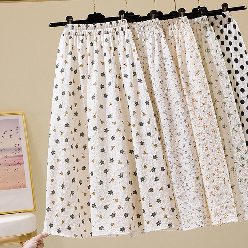 Relief Sculpture Floral Mid-length Elastic Waist Printing A-line Skirts