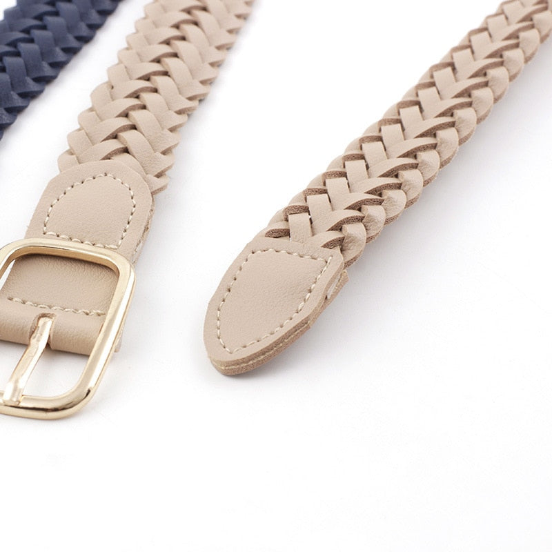 Women PU Leather Braided Belt Golden Square Pin Buckle Belt New Fashion Causal Jeans Dress Waistband 2.3cm Thin Belt