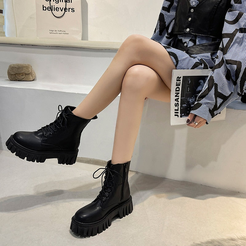 Leather Ankle Boots Platform Gothic Women Shoes Short Punk Motorcycle Combat Boots