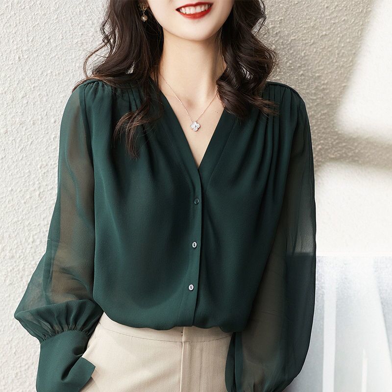 Long-sleeve Spring & Summer French V-neck Design Sense Top Temperament Loose Chiffon Shirt