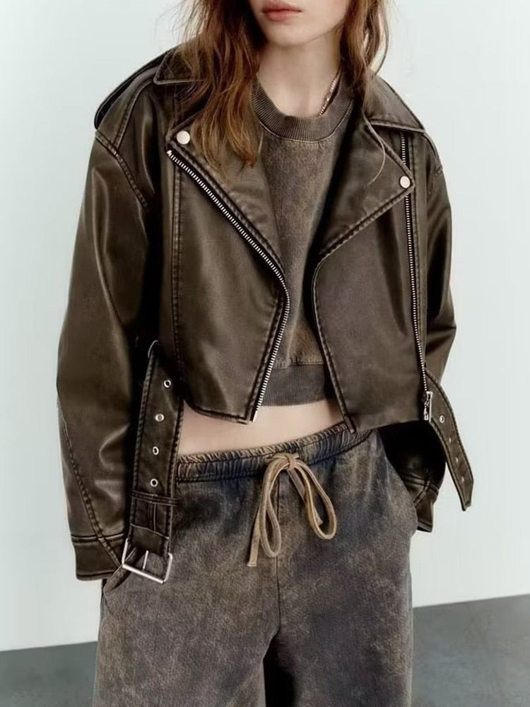 Women Vintage Loose Pu Faux Leather Short Jacket with Belt Streetwear