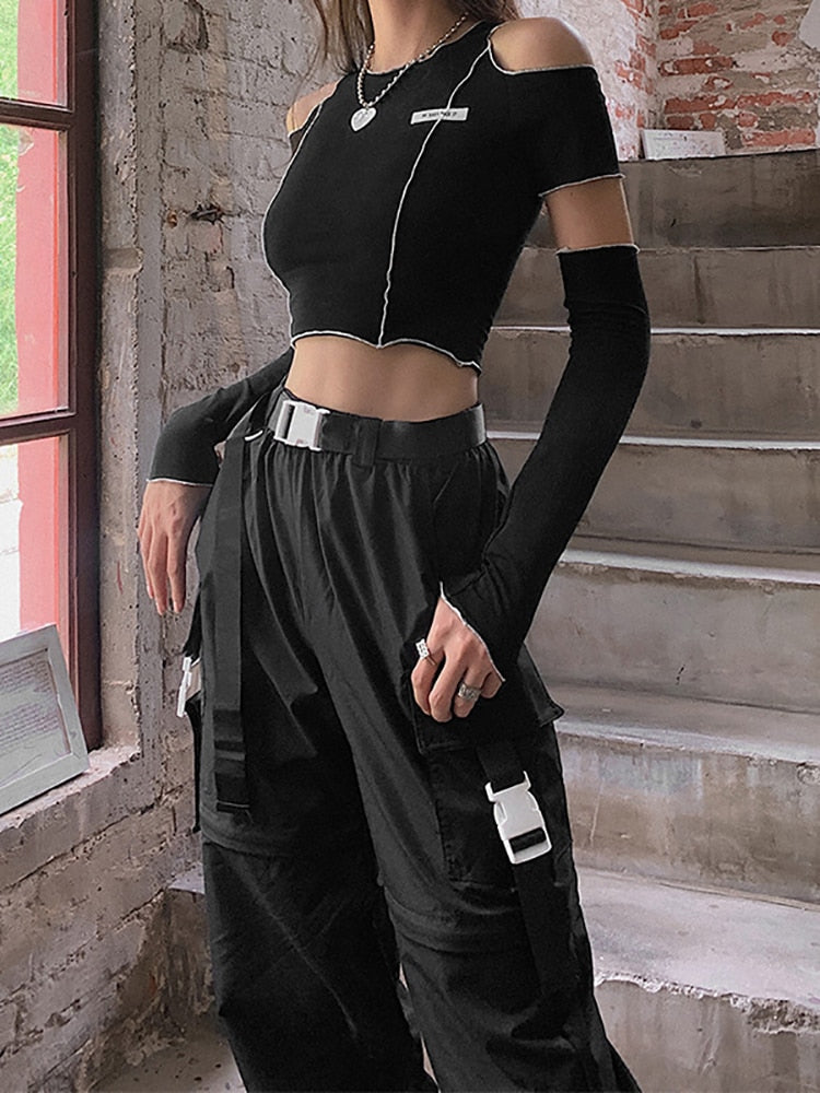 Goth Dark E-girl Style Patchwork Black T-shirts Gothic Open Shoulder Sleeve