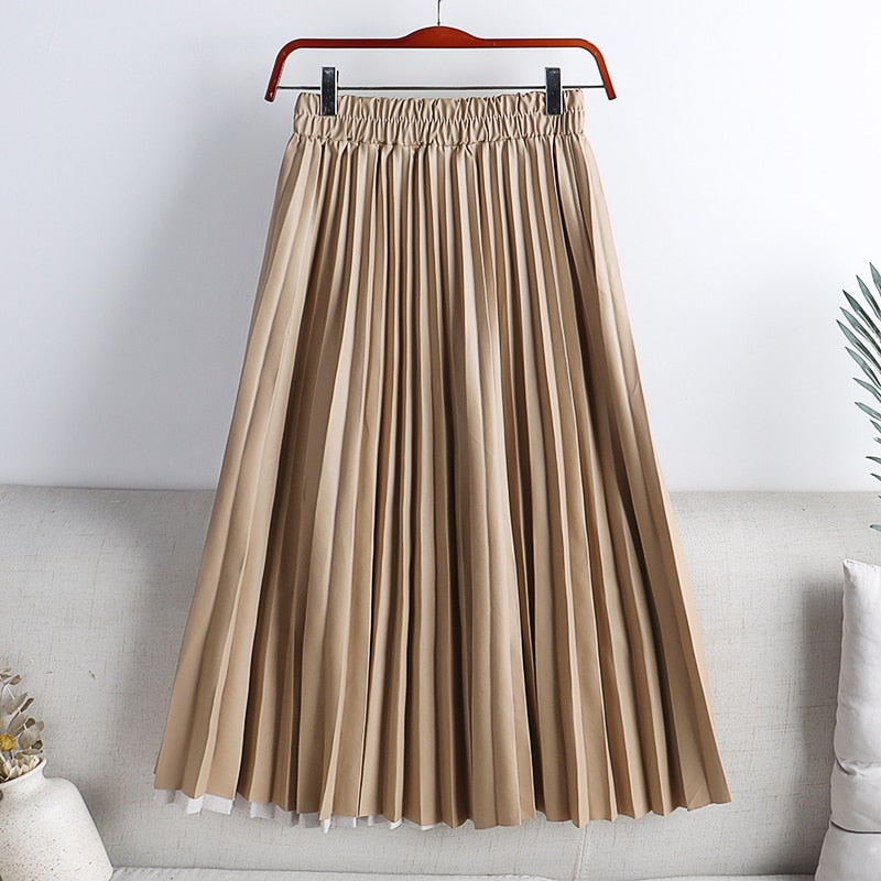 Elegant Umbrella Midi Skirt Faux PU Leather Pleated Skirts