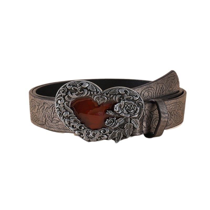 Engraved Flower Detail Heart Decor Belt With Hole Punch