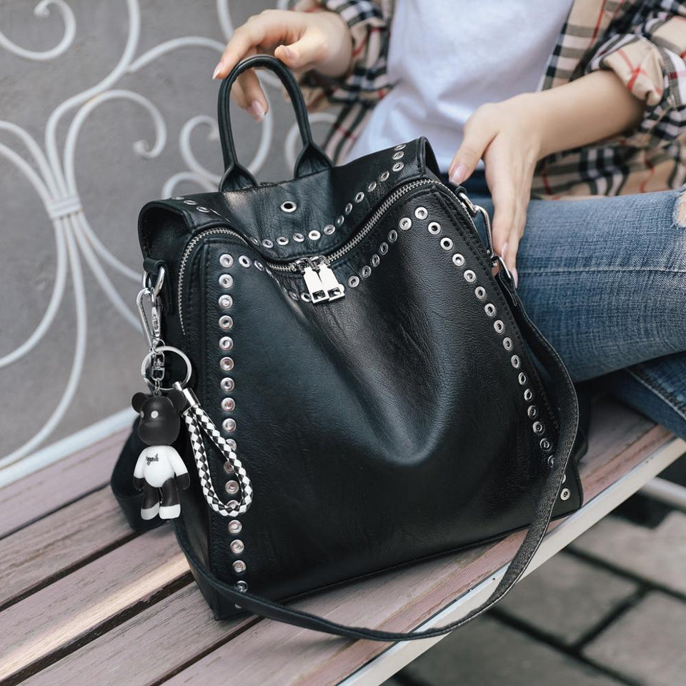 Punk Style Black Fashion Backpack Soft PU Leather Rivet Backpacks Wome