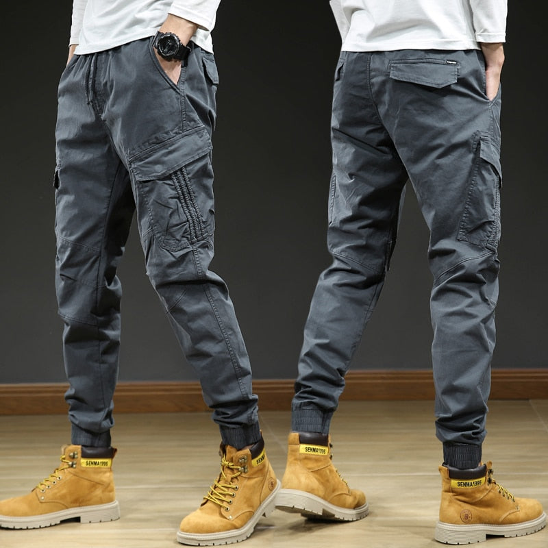 Spring-Summer Multi-Pockets Cargo Pants Men Streetwear Slim Fit Casual Joggers Stretch Cotton Trousers