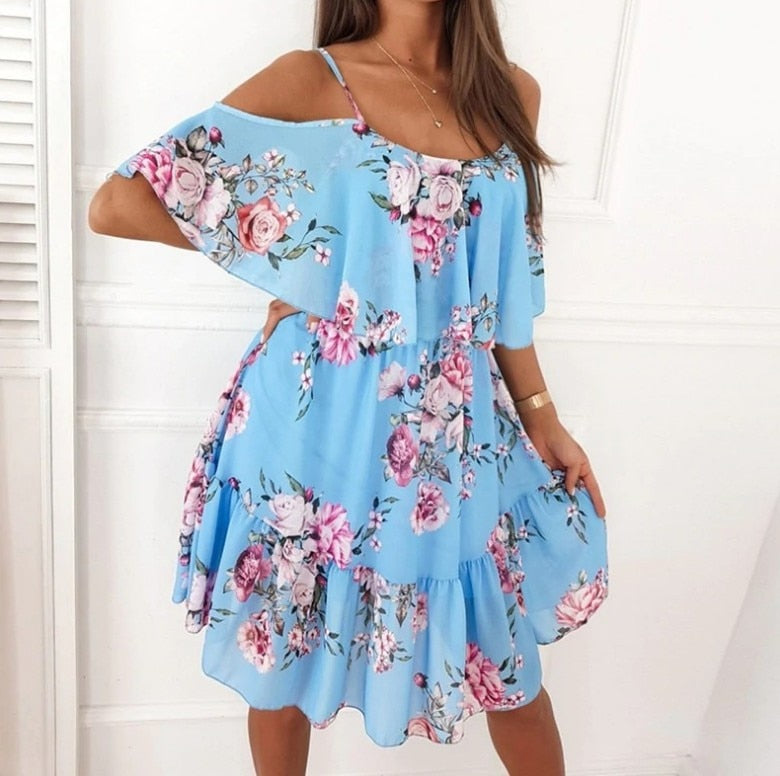 Spaghetti Strap Holiday Floral Print Women Dresses Fashion Off Shoulder Sundress Elegant Chiffon