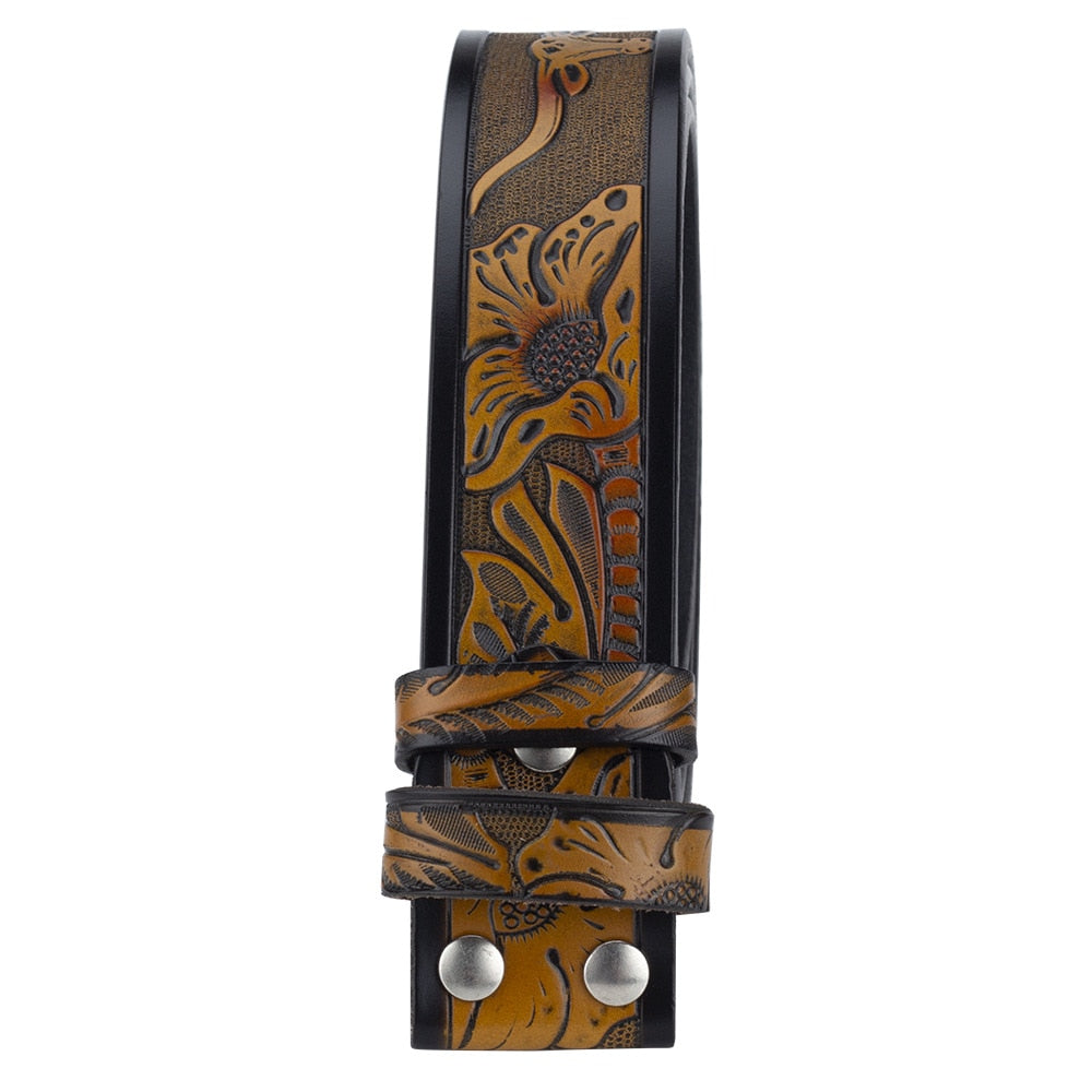 Genuine Leather Belt for Man No Buckle 3.8cm width Cowskin Tang Grass Cow Eagle Pattern Western Cowboy Belt