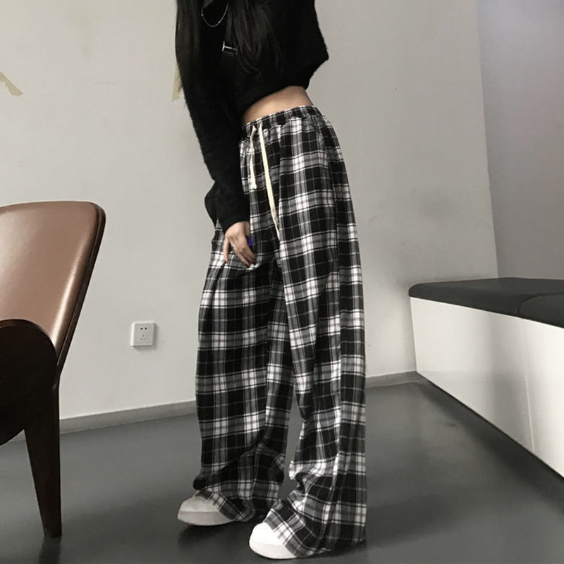 Plaid Pants Women Summer Casual Wide Leg Trousers Teens Hip Hop Unisex Loose Straight Pants