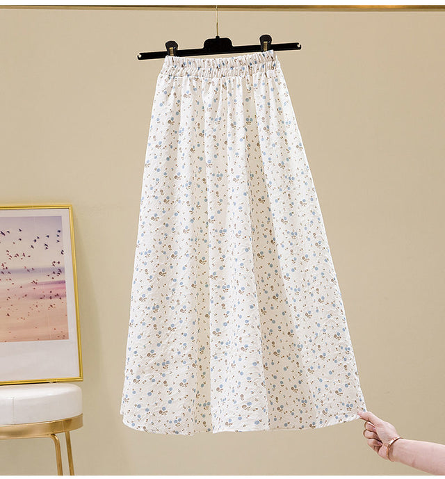 Relief Sculpture Floral Mid-length Elastic Waist Printing A-line Skirts