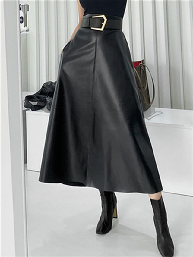 Faux PU Leather Women Long Skirts with Belted High Waist Umbrella Skirt