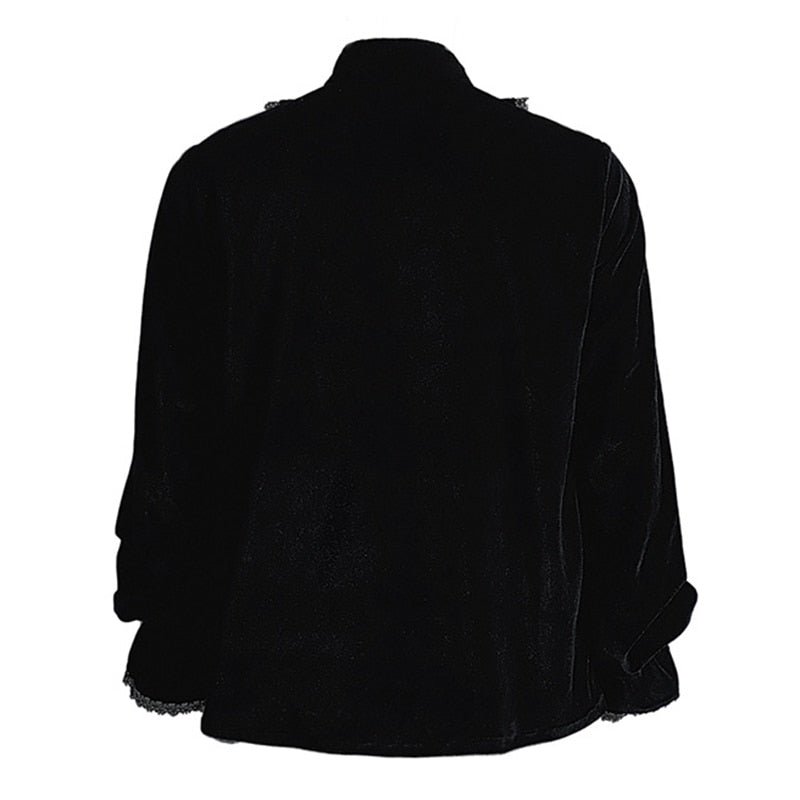 Lace Up Ruffle Stand Collar Long Sleeve Steampunk Victorian Shirt Gothic Vintage