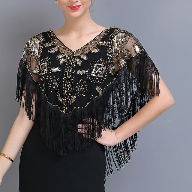 Women 1920s Sequined Shawl with Tassels Beaded Pearl Fringe Sheer Mesh Wraps