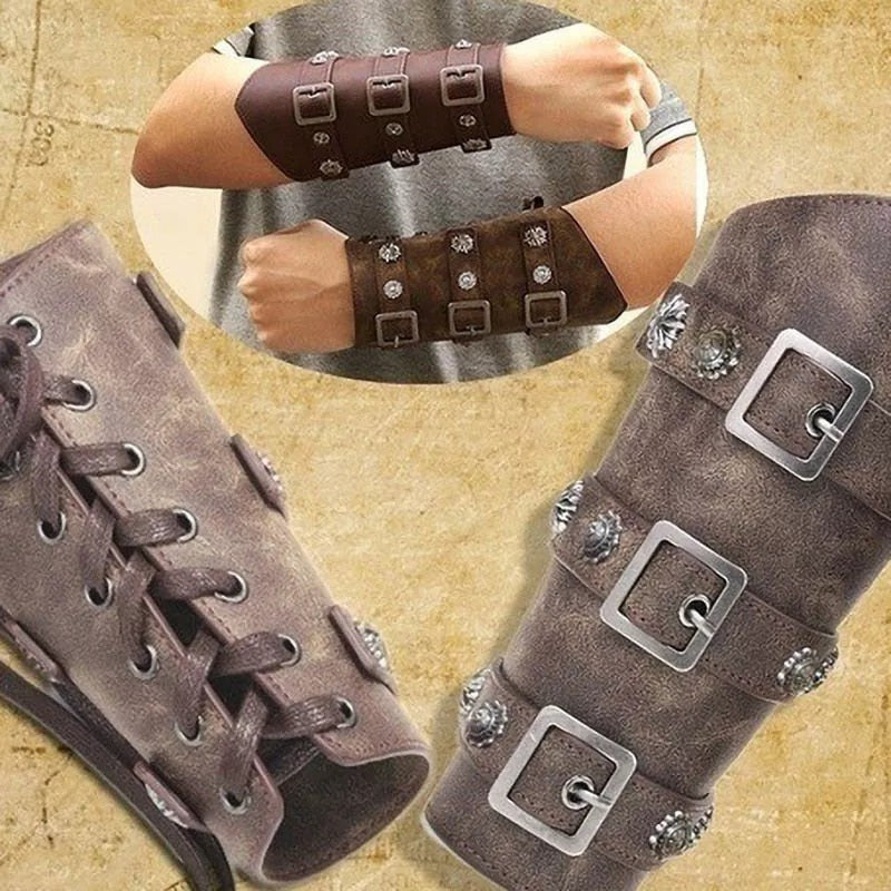 Medieval Viking Warrior Leather Arm Guards Armor Metal Rivet Buckle Bracers Gothic