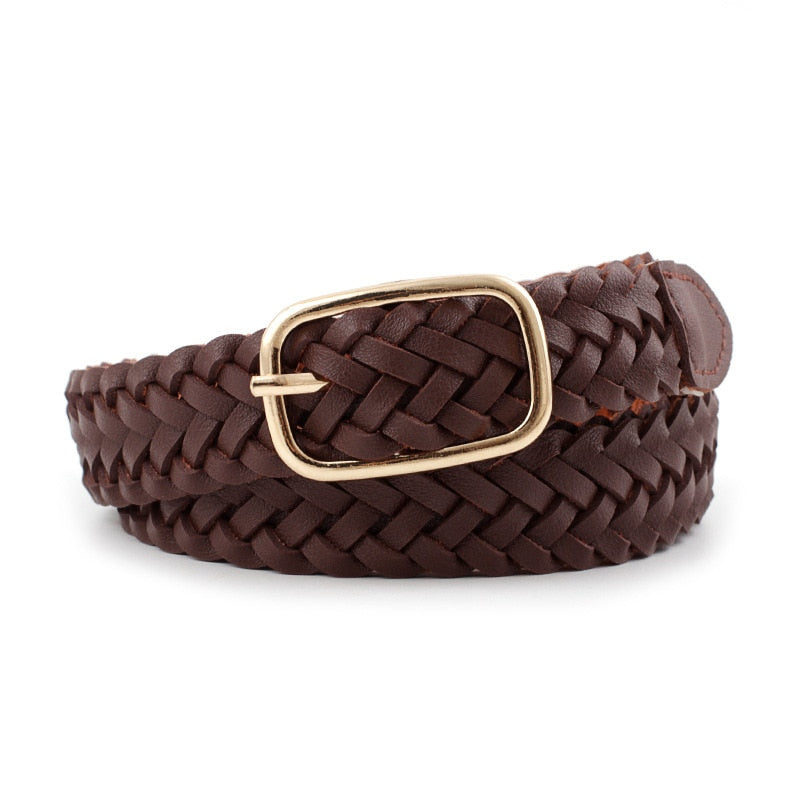 Women PU Leather Braided Belt Golden Square Pin Buckle Belt New Fashion Causal Jeans Dress Waistband 2.3cm Thin Belt