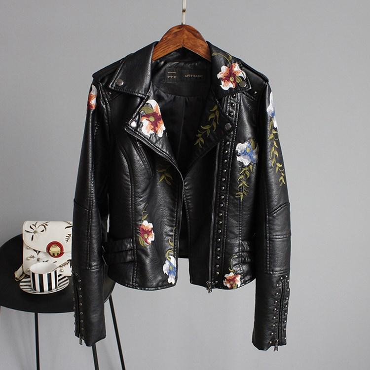 Floral Print Embroidery Faux Soft Leather Jacket Coat  Turn-down Collar Casual Pu Motorcycle Black