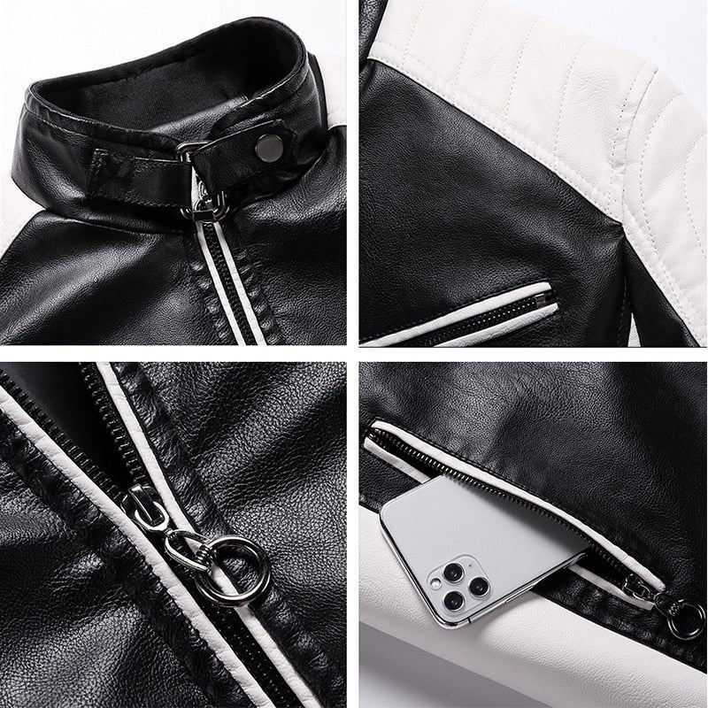 Vintage Leather Jacket Coat Men Spring Outfit Design Motor Biker Pocket PU Leather Jacket