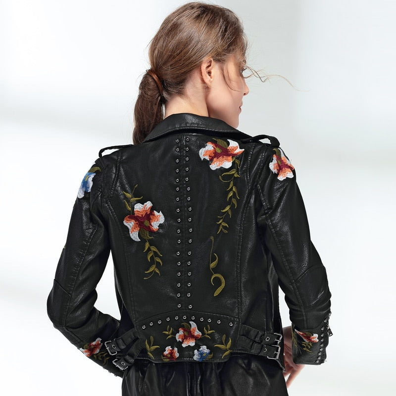 Floral Print Embroidery Faux Soft Leather Jacket Coat  Turn-down Collar Casual Pu Motorcycle Black
