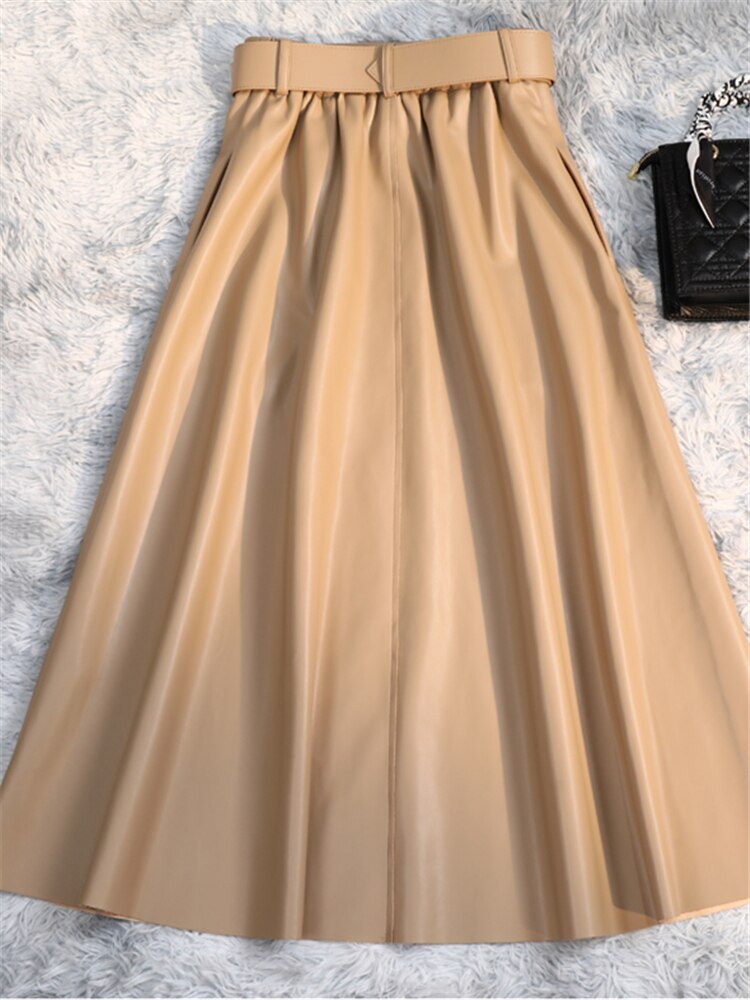 Faux PU Leather Women Long Skirts with Belted High Waist Umbrella Skirt