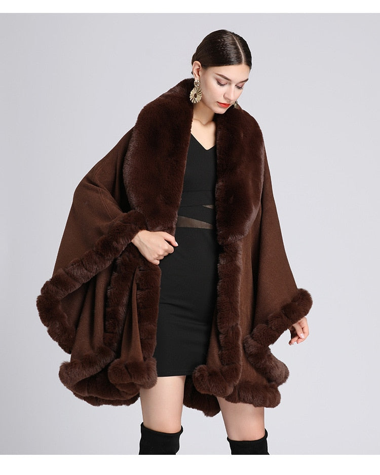 Elegant V Lapel Faux Rex Rabbit Fur Coat Cape Winter Women Big Long Shawl Full Trim Fur Knit Cloak Overcoat Parka