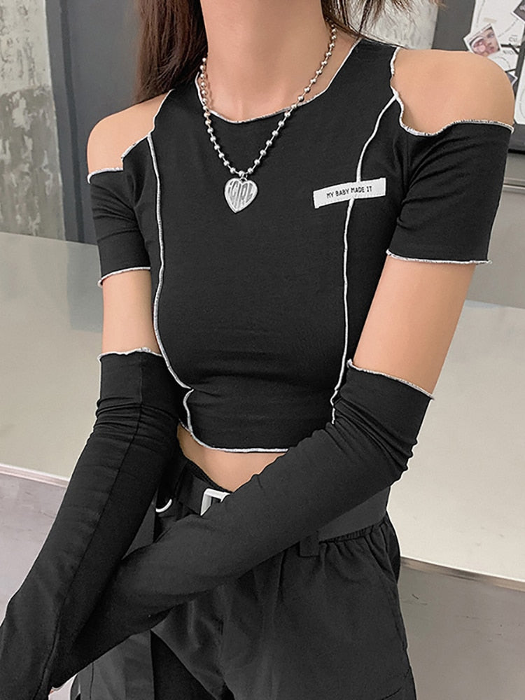 Goth Dark E-girl Style Patchwork Black T-shirts Gothic Open Shoulder Sleeve