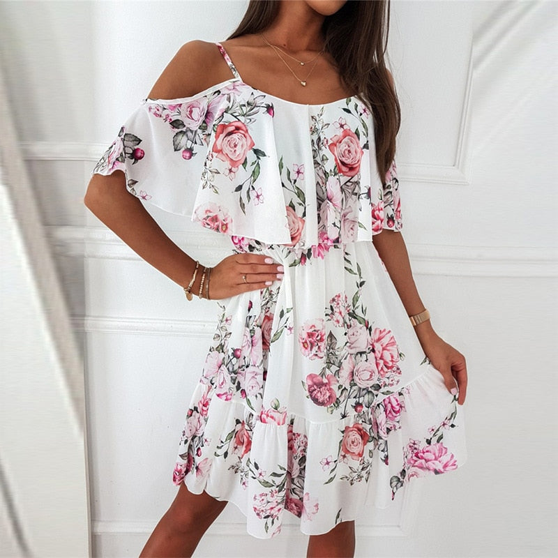 Spaghetti Strap Holiday Floral Print Women Dresses Fashion Off Shoulder Sundress Elegant Chiffon
