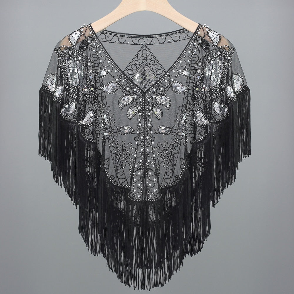 Women 1920s Sequined Shawl with Tassels Beaded Pearl Fringe Sheer Mesh Wraps