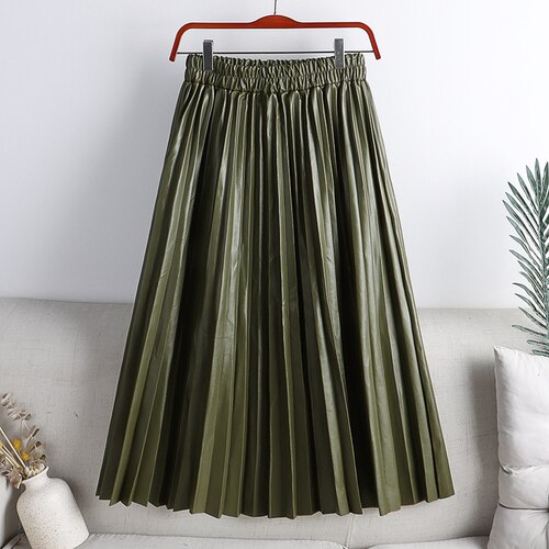 Elegant Umbrella Midi Skirt Faux PU Leather Pleated Skirts