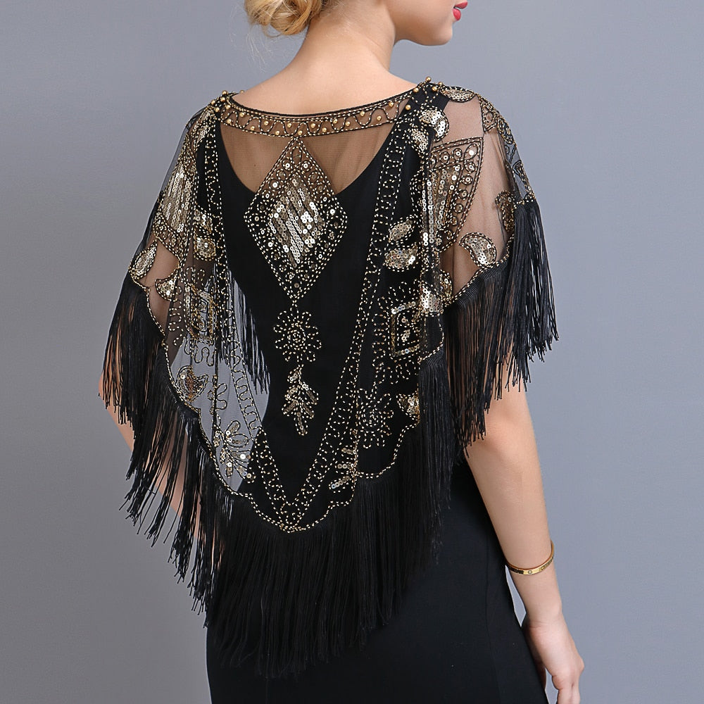 Women 1920s Sequined Shawl with Tassels Beaded Pearl Fringe Sheer Mesh Wraps