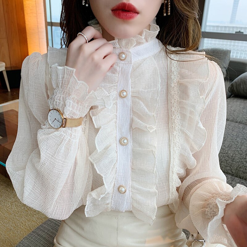 Woman Chic Long Sleeve Stand Collar Casual Loose White Tops Lace Ruffles