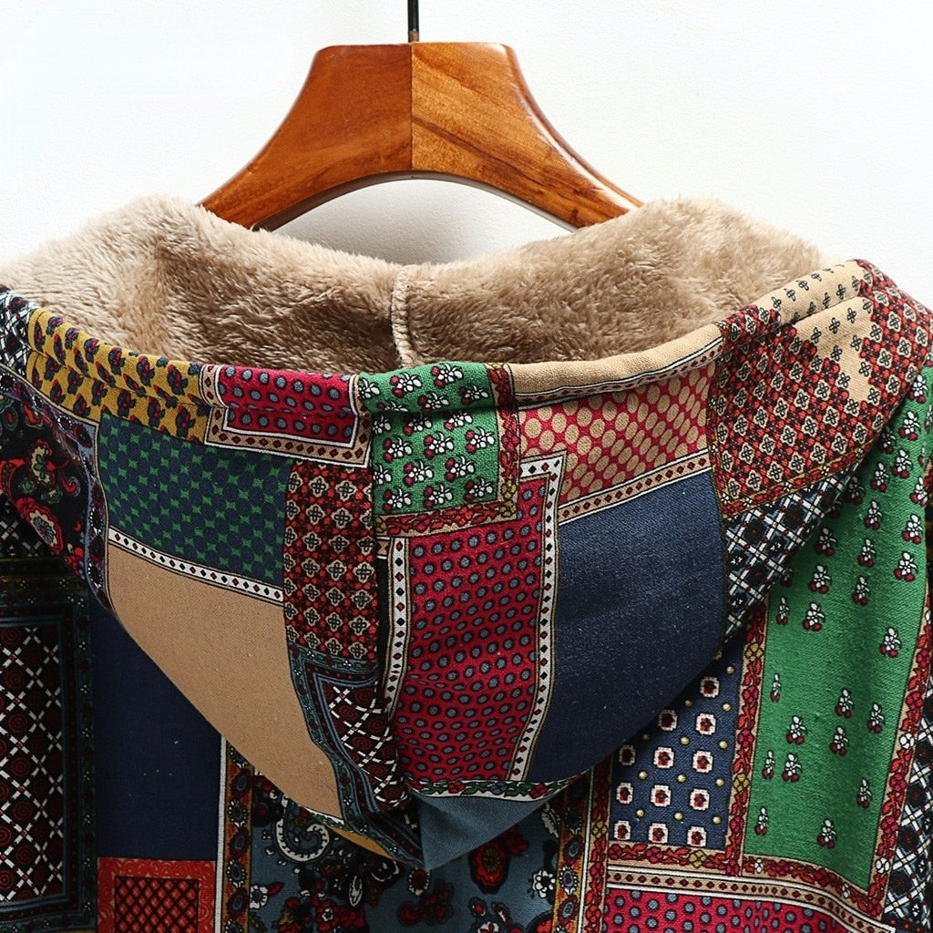 Winter female warm coat print thick fleece hooded long Coat with pocket