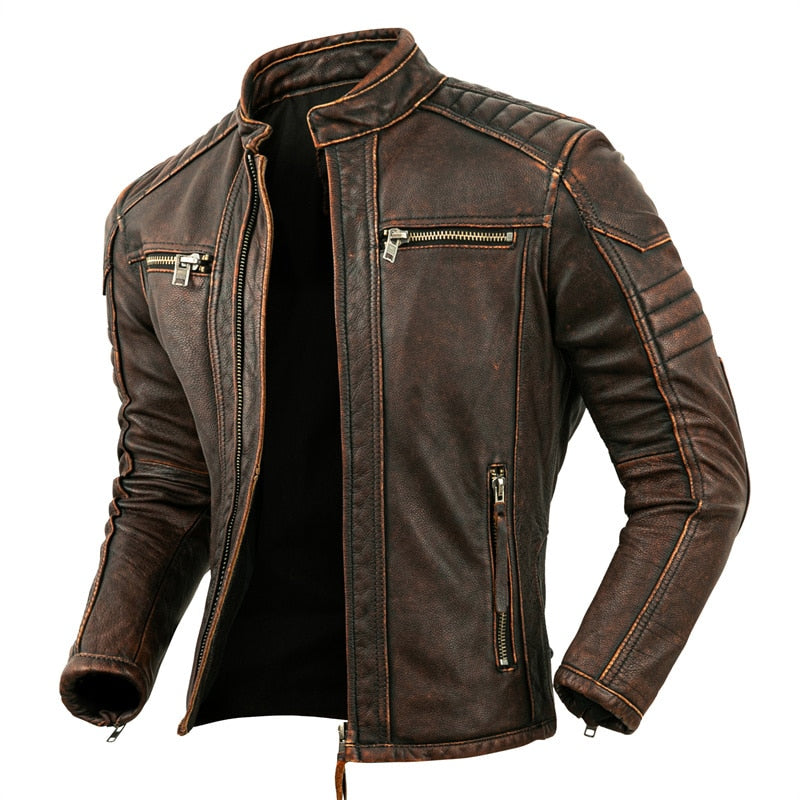 Fashion Motorcycle Jacket Cowhide Genuine Leather Casual Vintage Jacke