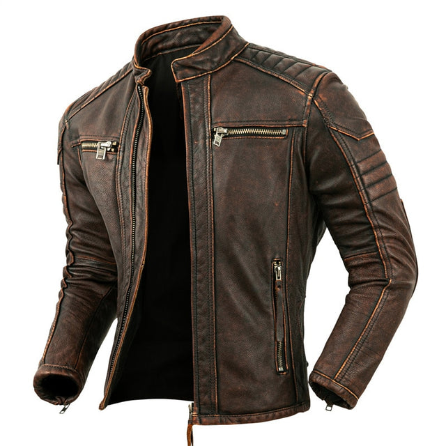 Fashion Motorcycle Jacket Cowhide Genuine Leather Casual Vintage Jackets