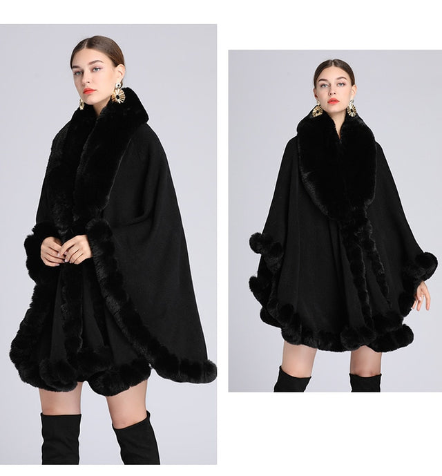 Elegant V Lapel Faux Rex Rabbit Fur Coat Cape Winter Women Big Long Shawl Full Trim Fur Knit Cloak Overcoat Parka