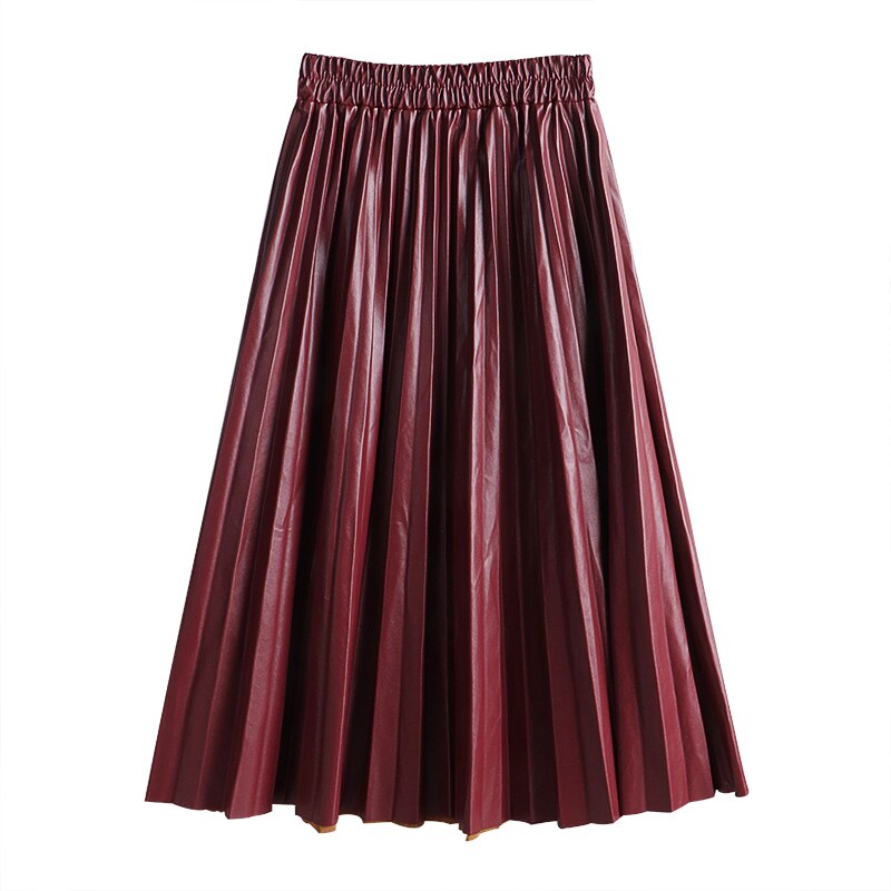Elegant Umbrella Midi Skirt Faux PU Leather Pleated Skirts