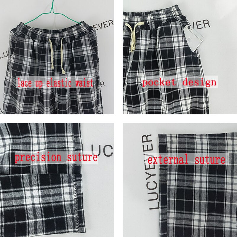 Plaid Pants Women Summer Casual Wide Leg Trousers Teens Hip Hop Unisex Loose Straight Pants