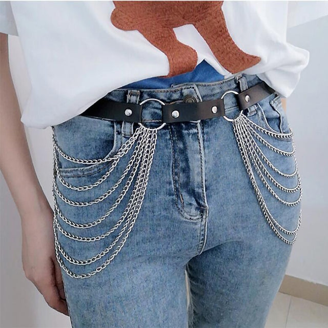 Layered Leather Belt With Chains Body Harness Waist Goth